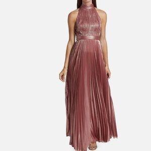 Theia Metallic Plissé Pink Halter Gown